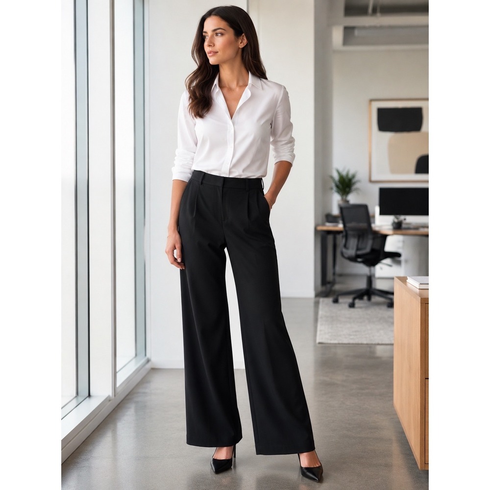 Halara Black Wide Leg Pleated Trousers High Waisted Tall Size L 02857107